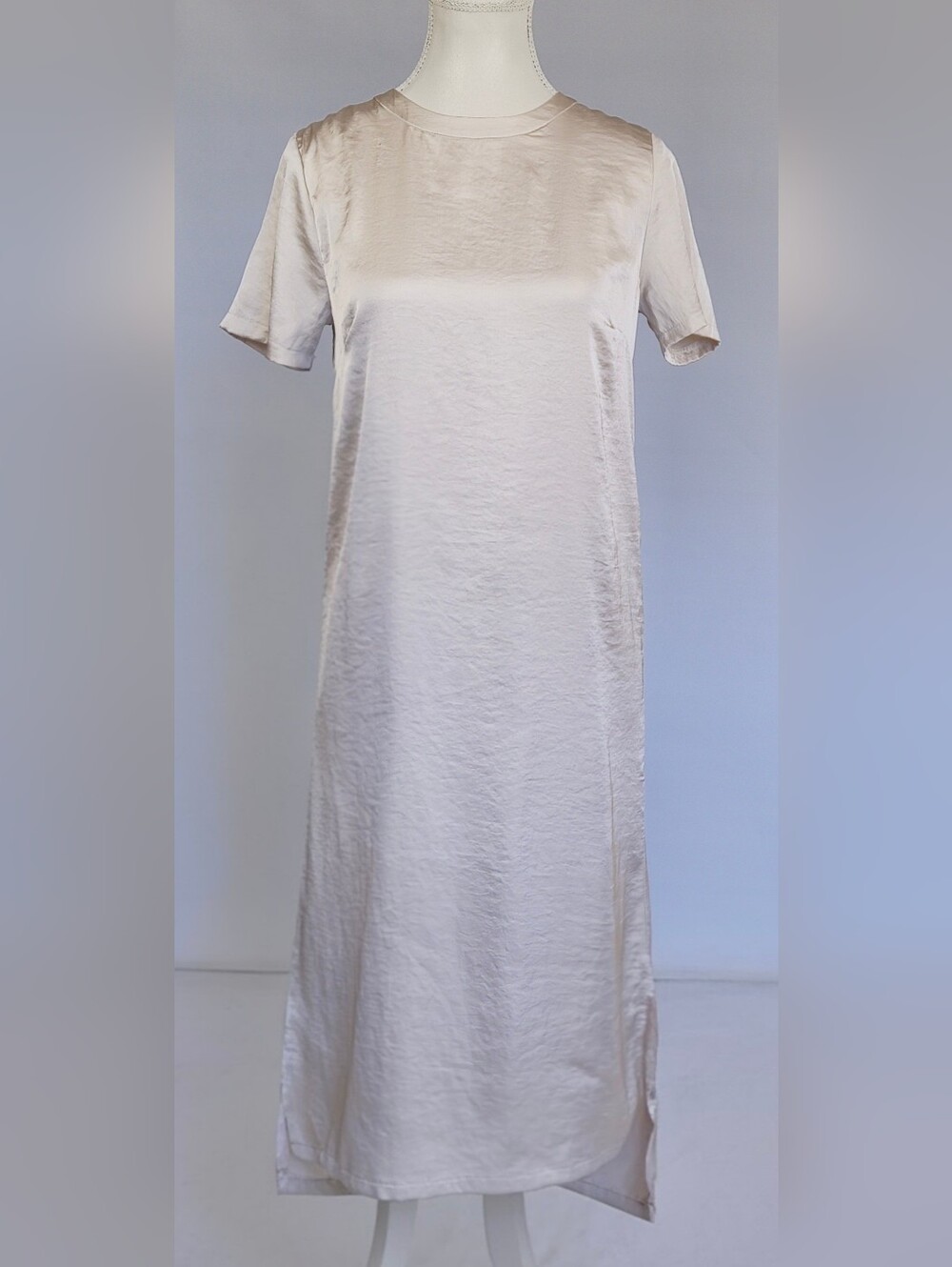 Greige Faux Silk Midi Dress | Minimalist Bridal Shift Dress - Picture 2 of 5